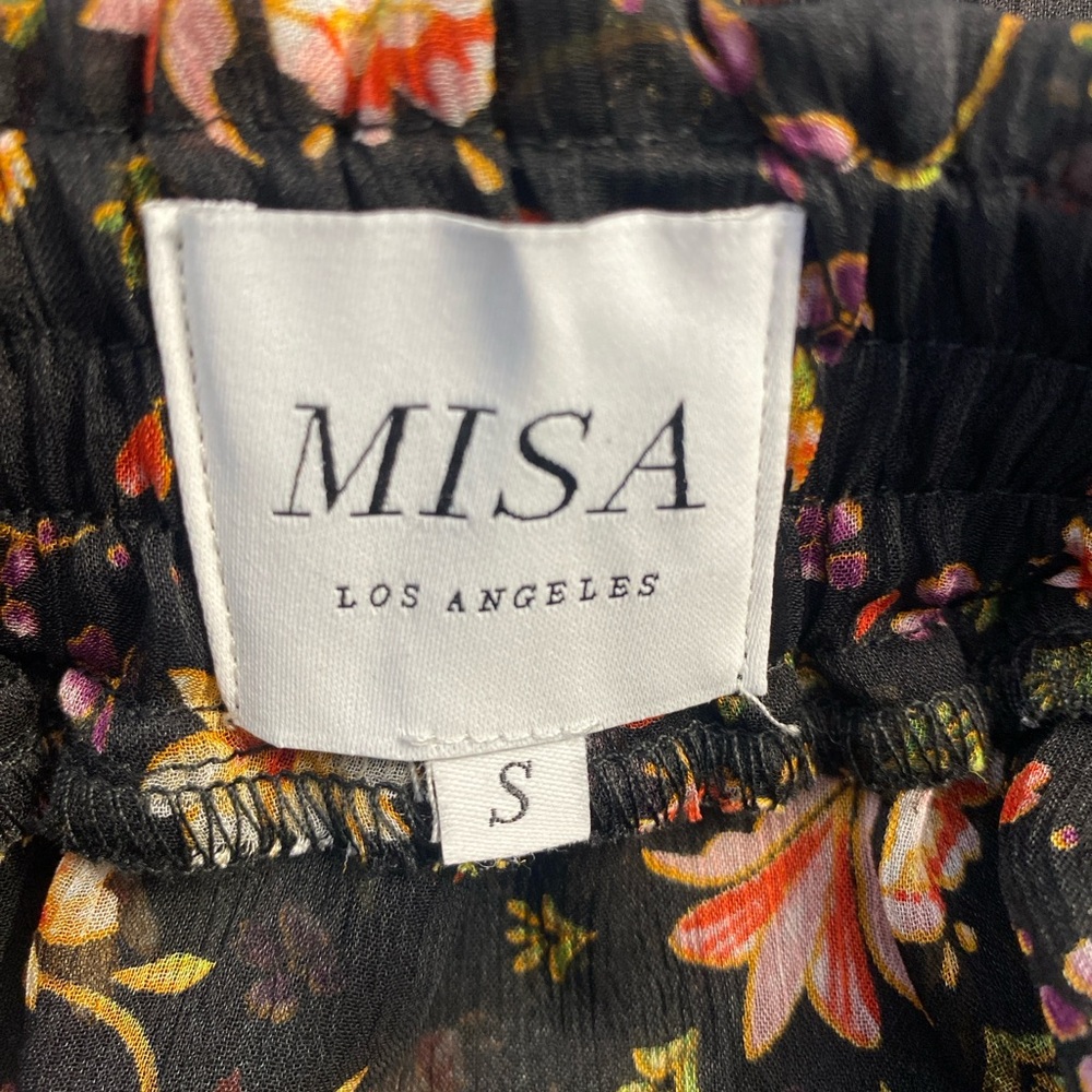 MISA Black Floral Ruffle Mini Skirt – Boho Luxe Tiered Sheer Overlay Size Small - Picture 10 of 11